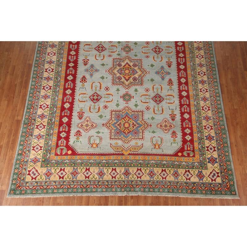 Geometric Blue Kazak Oriental Area Rug Handmade Wool Carpet - 9'11" x 12'8"