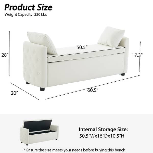 dimension image slide 1 of 5, Storage Bench for Bedroom, 60" End of Bed Bench for King Size Bed Modern Upholstered Long Bench with Tufted Arm