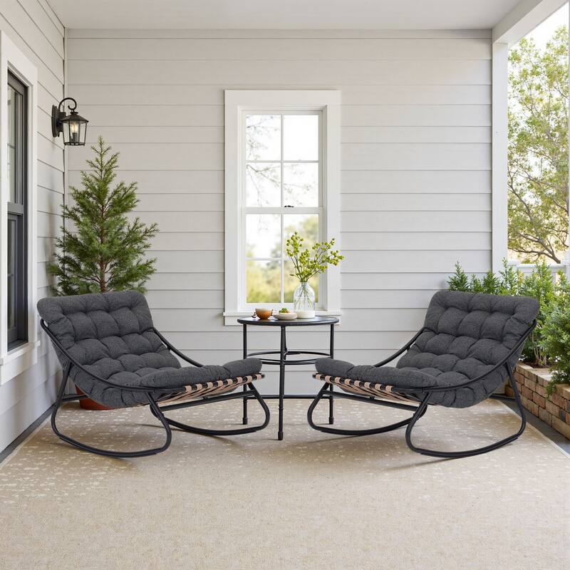 2 Set Outdoor Patio Scoop Rocking Lounge Chair with Cushions - Grey