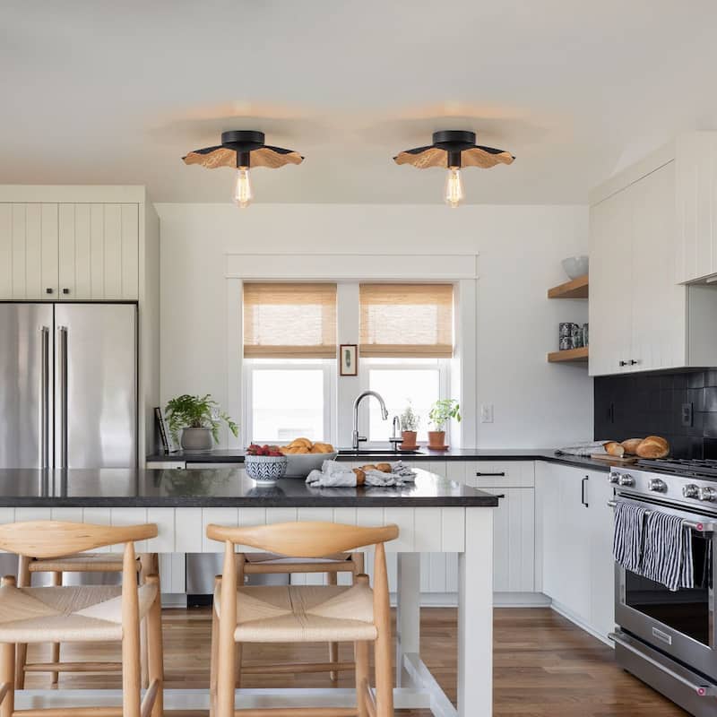 1-Light Farmhouse Black Gold Semi Flush Mount with Wave-edged Metal Shade - 13-in W x 3.5-in H