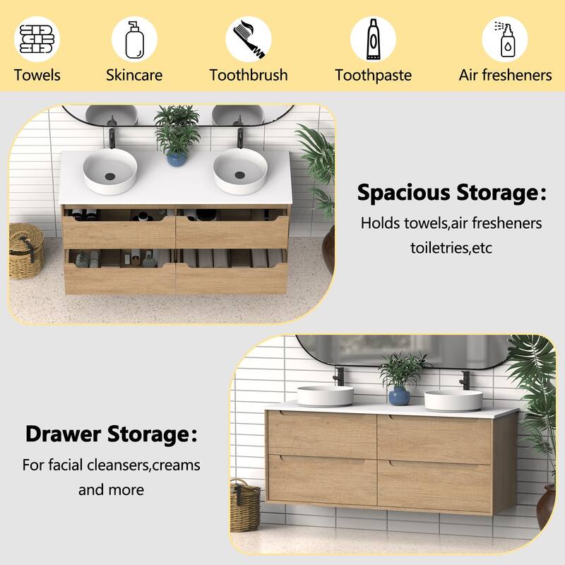 60" Solid Wood Bathroom Vanity with White Quartz Countertop Ceramic Vessel Sink