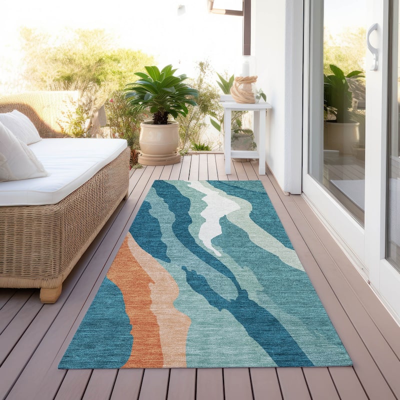 Machine Washable Indoor/ Outdoor Abstract Contemporary Chantille Rug