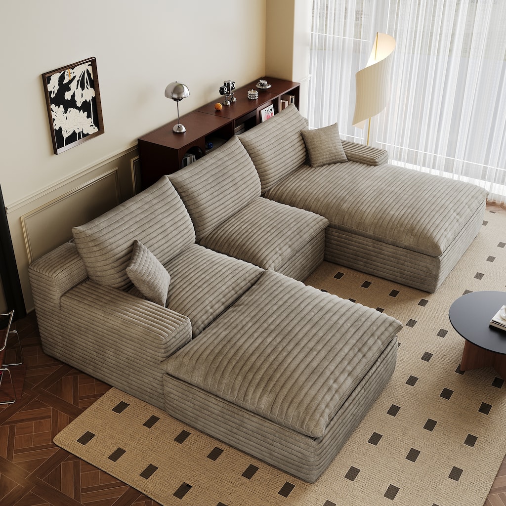 Floor Standing Chaise Sectional Sofa Double-layer Structure Corduroy Upholstered U-shaped Modular Couch with Detachable Cushions