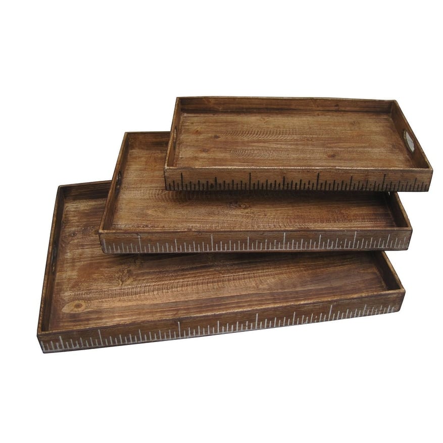 Wooden Tray with Grain Details and Cut Out Handles, Set of 3, Brown