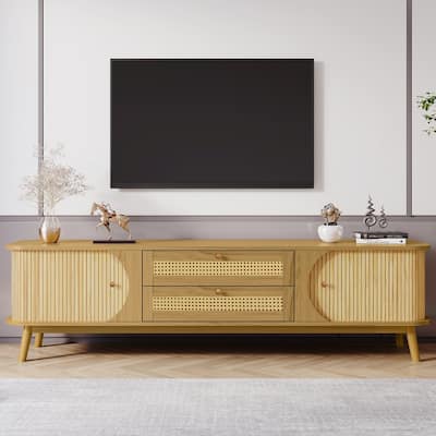 75-inch Rattan TV Stand - Modern Farmhouse Media Console with Solid Wood Legs