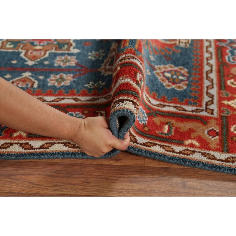 Blue Geometric Khotan Oriental Area Rug Hand-Knotted Wool Carpet - 4'2"x 6'1"