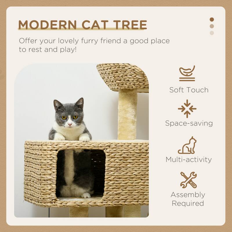 38" Cat Tree for Indoor Cats, Cat Tower with Scratching Posts, Ramp, Condo, Toy Balls, Platform, Bed - Beige