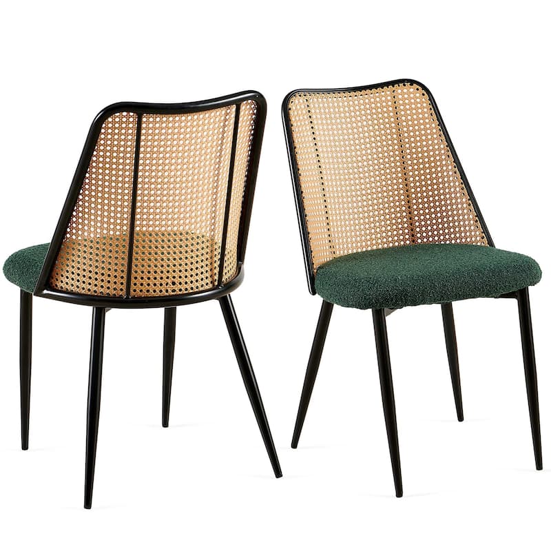 Dining Chairs Set of 2,Boucle Chairs with Natural Cane Back - Green