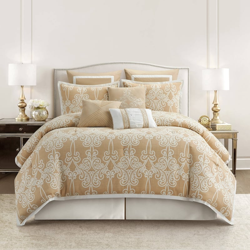 Nanshing Dalina 9 Piece Transitional Scroll Comforter Set - Gold - Queen