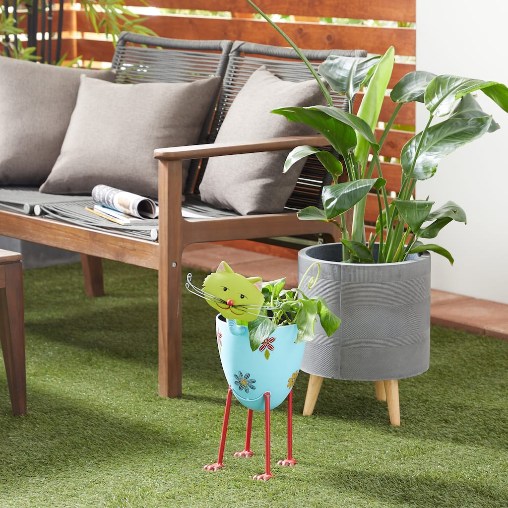 Blue Metal Cat Indoor Outdoor Planter with Flower Pattern