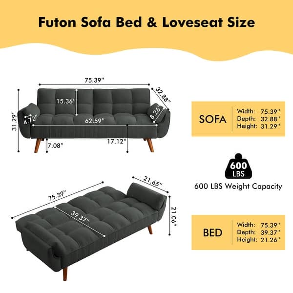 75.39 IN. Futon Sofa Bed, Convertible Upholstered Couch Sleeper with ...