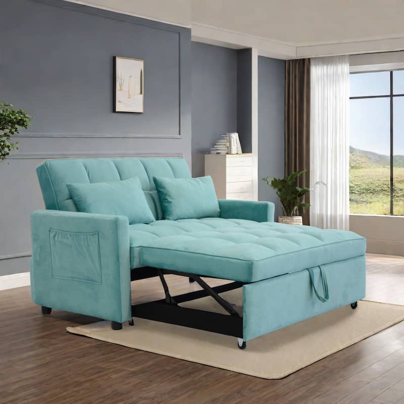 Velvet 3 in 1 Loveseat Sofa Pull Out Sleeper Sofa Bed Adjustable Backrest Tufted Couch with 3 USB Ports 2 Side Pockets