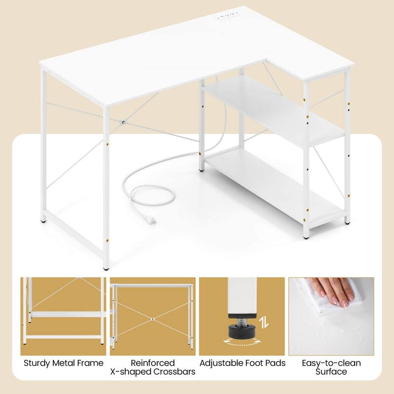 Costway L-Shaped Computer Desk with Power Outlets Adjustable shelf