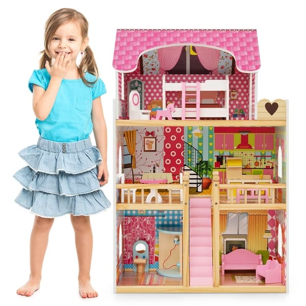 slide 2 of 6, 3-Story Pretend Play Doll House for Little Girls Pink Pink
