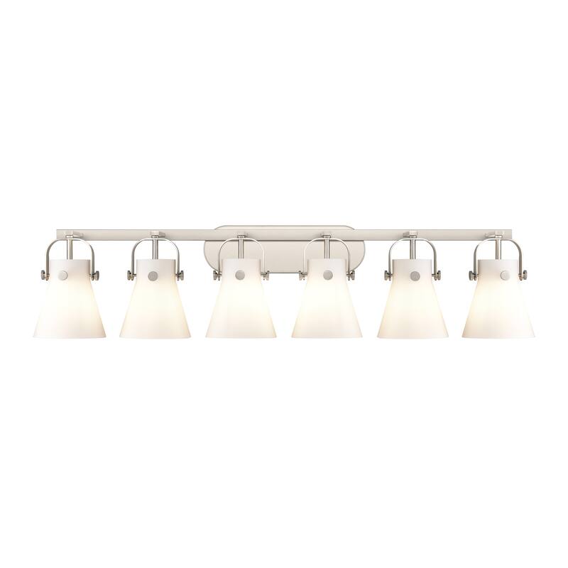 Innovations Lighting Pilaster II Cone - 6 Light 46" Wall-Mounted Bath Vanity Light. - Satin Nickel/Matte White