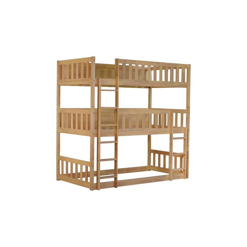 Twin Over Twin Over Twin Triple Bunk Bed, Rubber Wood, Convertible Design with Ladders and Guardrails