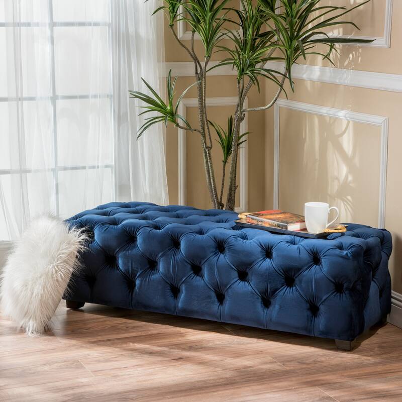 Indoor Stools Ottoman, Velvet Upholstered Seat Entryway Footrest - Navy Blue