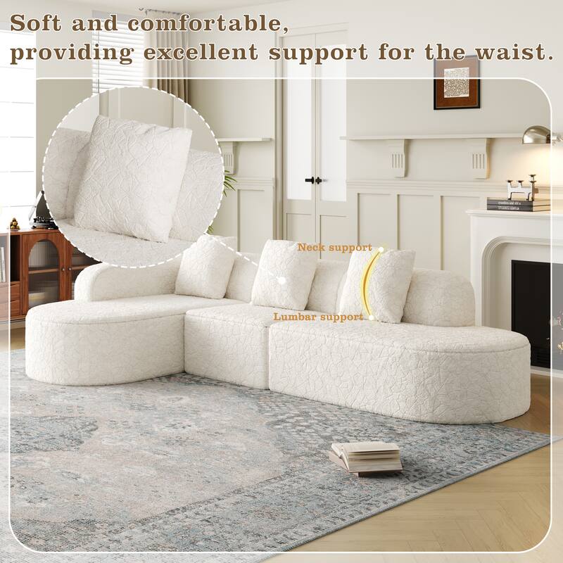 Curved Modular Sofa with Chaise Lounge, Full Compression Upholstered Boneless Sofa, Corner 3 Seater Sofa with 3 Pillows