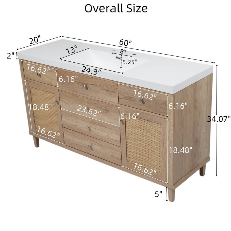 60" Bathroom Vanity with SMC Sink,Large Storage Bathroom Storage Cabinet with Soft Close Drawers and Rattan Doors, 5 Pine Legs