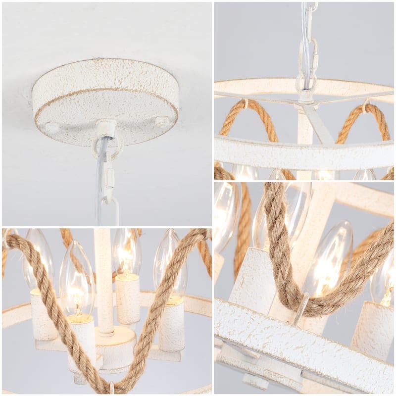4-Light Drum-shaped Chandelier with Hemp Rope for Kitchen Living Room