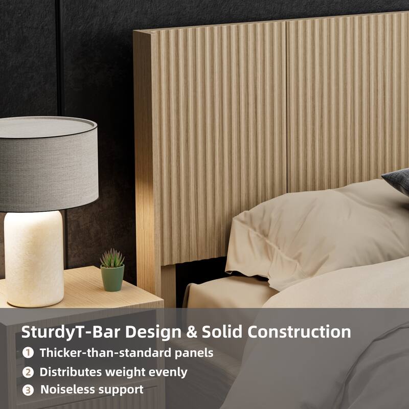 King Size Natural Oak Wood Headboard with Fluted Panel Wingback Design, 80.2 Inches Wide