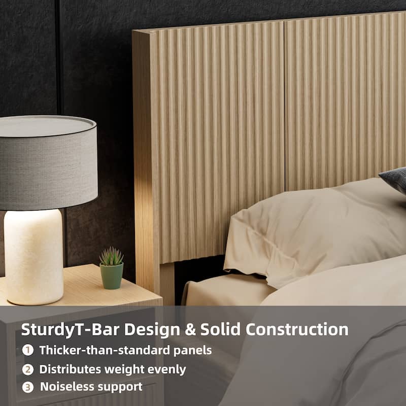 Queen Size Wood Headboard with Modern Farmhouse Design, Wall Mounted Fluted Panel, Natural Oak Finish