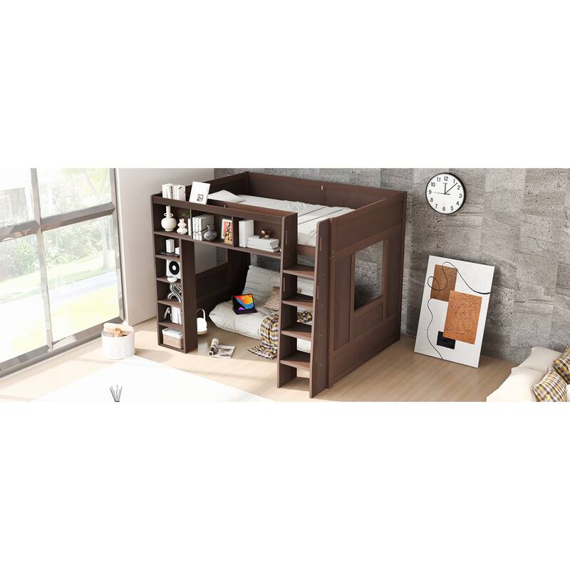 Roomfitters Queen Size Loft Bed with Storage Cabinets and Bookshelves