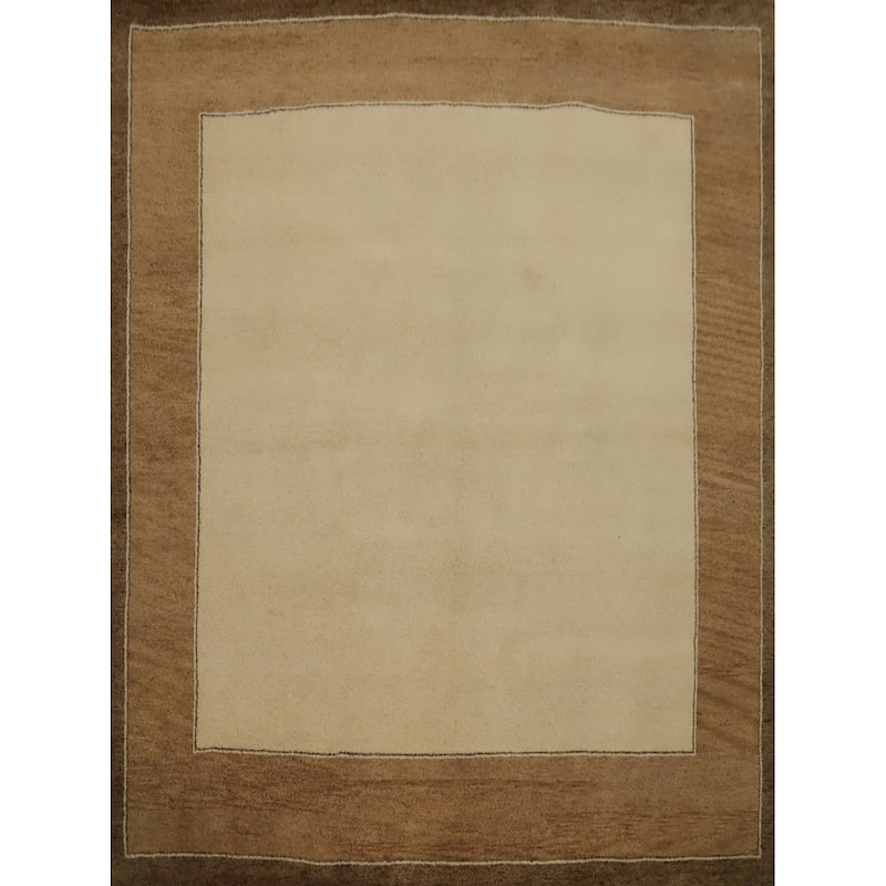 Hand Knotted Oriental 100% Wool Carpet Modern Bordered Beige & Ivories Gabbeh Area Rug - 6' 6'' X 6' 8''