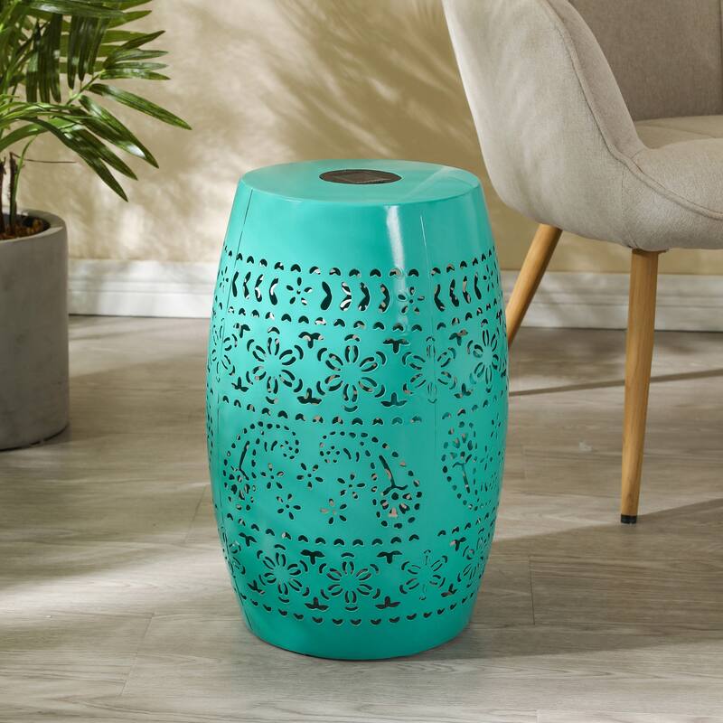 Roomfitters Outdoor Solar Garden Side Table with Light, Floral Cutouts Decorative Accent End Table for Patio or Balcony