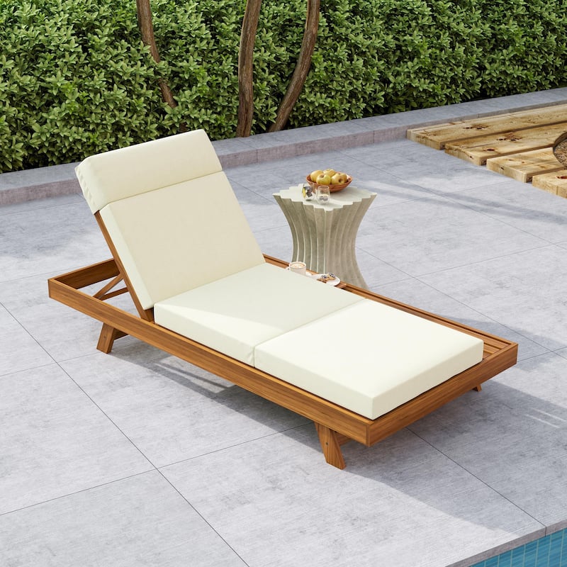 Roomfitters Acacia Wood Chaise Lounge with Headrest and Side Tray, 3-Fold 4" Cushion, Water-Resistant