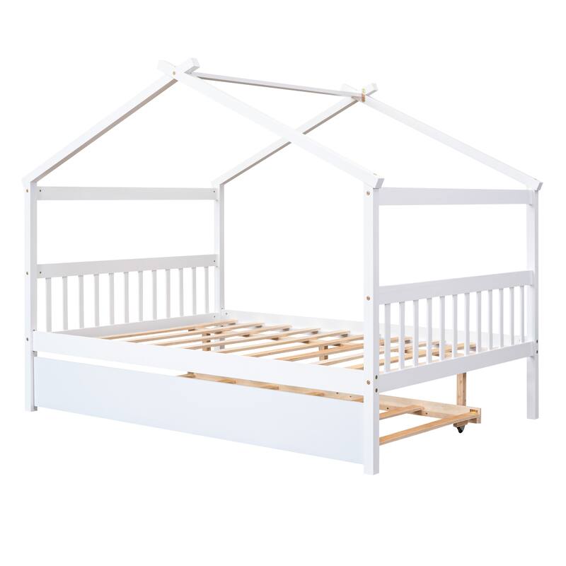 Twin/Full House Bed with Pull-Out Trundle, Solid Pine Wood Frame for Sleepovers