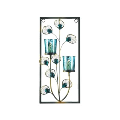 Peacock Candle Wall Sconce - 14.75" - Blue and Black