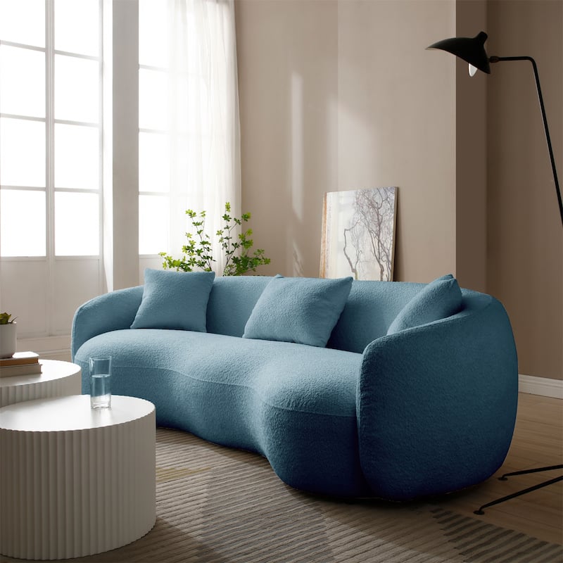 Modern Blue Curved Boucle Fabric Couch for Bedroom, Apartment