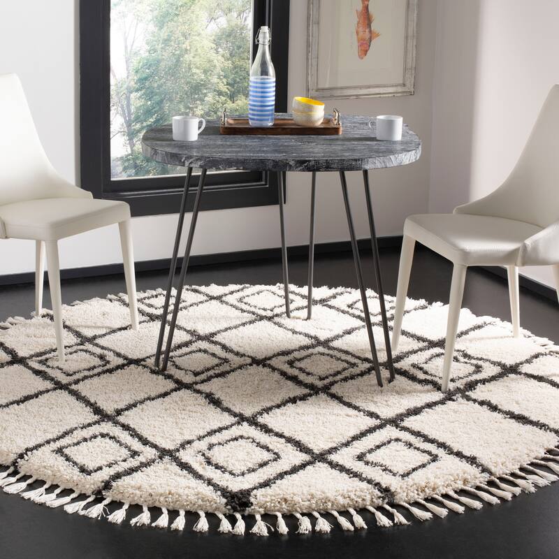 SAFAVIEH Moroccan Fringe Shag Geoff 2-inch Thick Rug - 6'7" Round - Cream/Charcoal