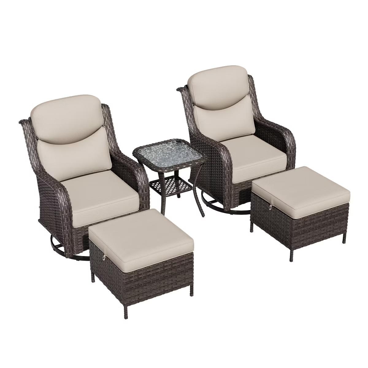 COZYWOR Outdoor Rocking Chair Set with Ottoman and Coffee Table