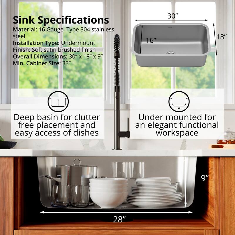 Karran 30" Undermount 16-Gauge Extra-Large Single Bowl Stainless Steel Kitchen Sink Kit