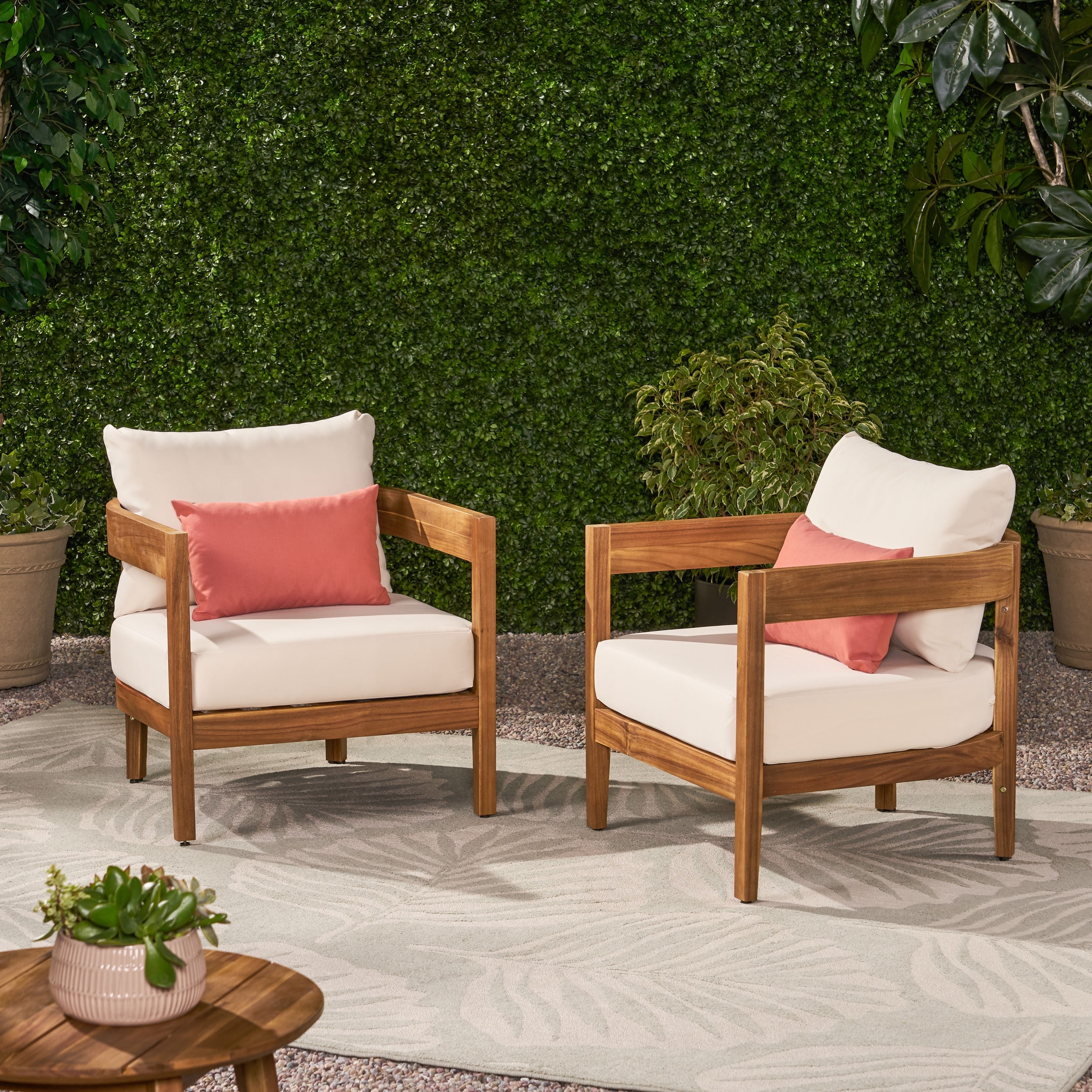 Killian outdoor 4 seater finished acacia wood club shop chairs with cushions and fire pit