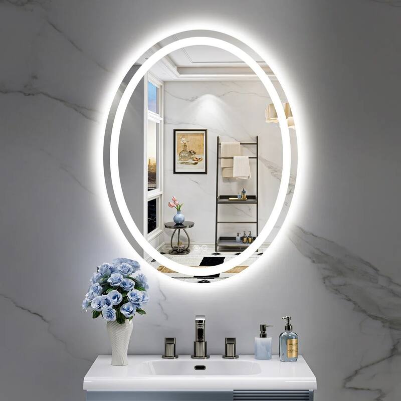 Oval Front & Back LED Lighted Anti-fog Tempered Glass Wall Bathroom Vanity Mirror, 3-Year Warranty & ETL Certification