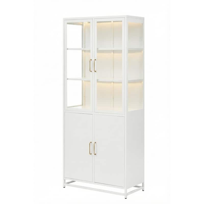 76.75" Tall Glass Door Display Cabinet with LED Lights, 3-Sided Glass Curio for Home & Office