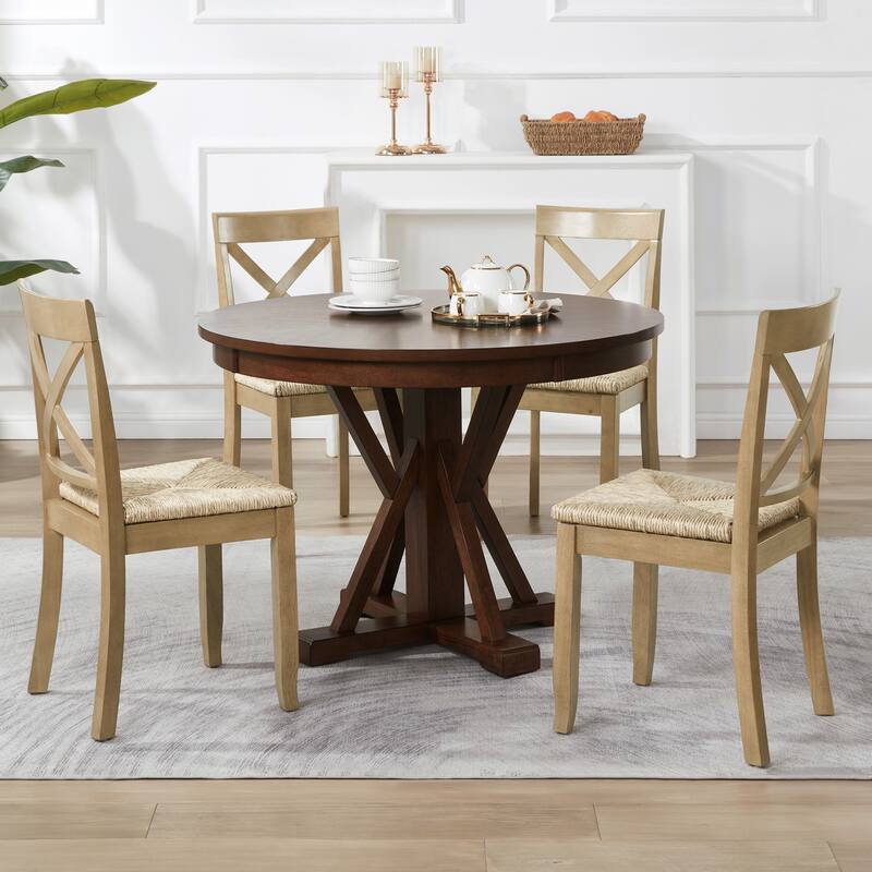 Bohemian 17" W Natural Weave Seagrass Rattan Seat Cross Back Dining Chairs - Set of 4 - Brown