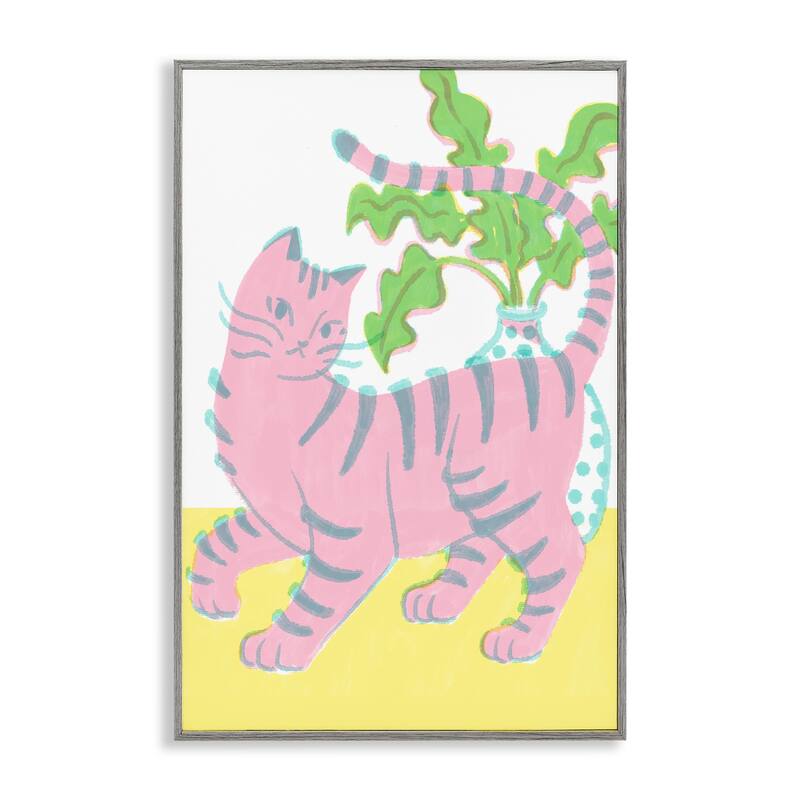 Stupell Pink Cat & House Plant Framed Giclee Art Design By Hannah Moren - 12 x 18 - Grey