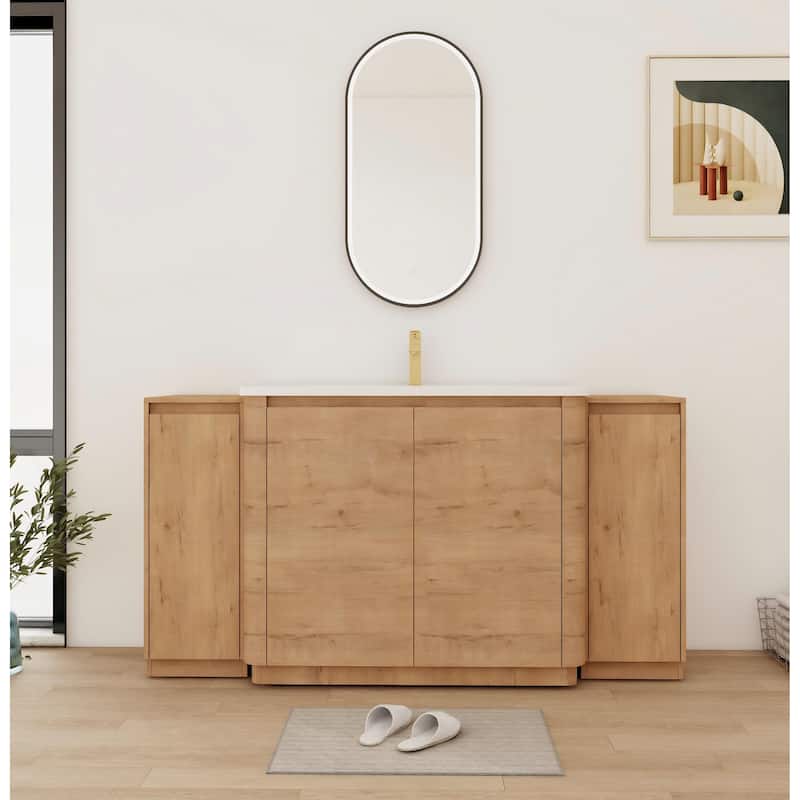 Bathroom Vanity With Sink In 36/40/48/52/60/64/84/92 Inch, Freestanding Bathroom Vanity With Doors and Adjustable Shelf - 64''W×18.7''D×34.1''H - Imitative Oak