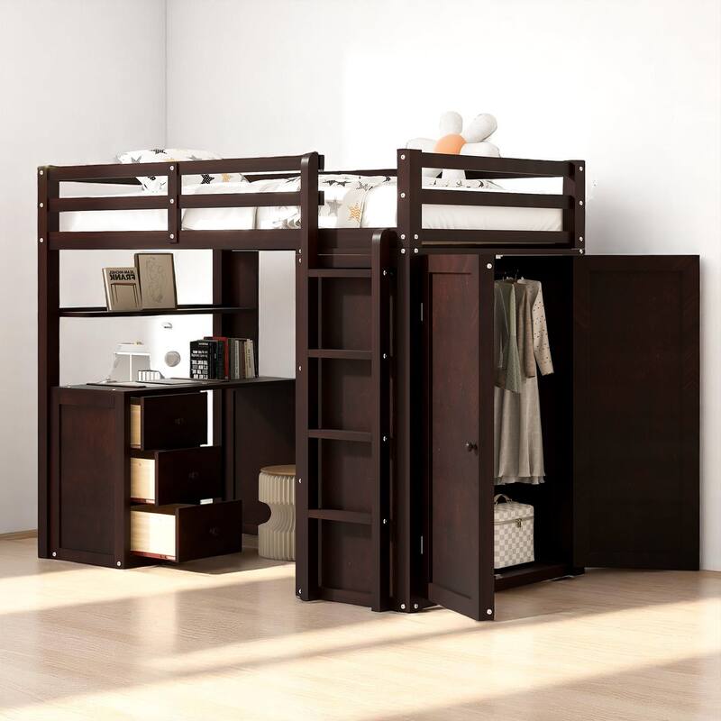 Wooden Twin/Full Loft Bed with Built-in Desk, Wardrobe Closet & Storage Drawers, Guardrail Design - Espresso - Twin