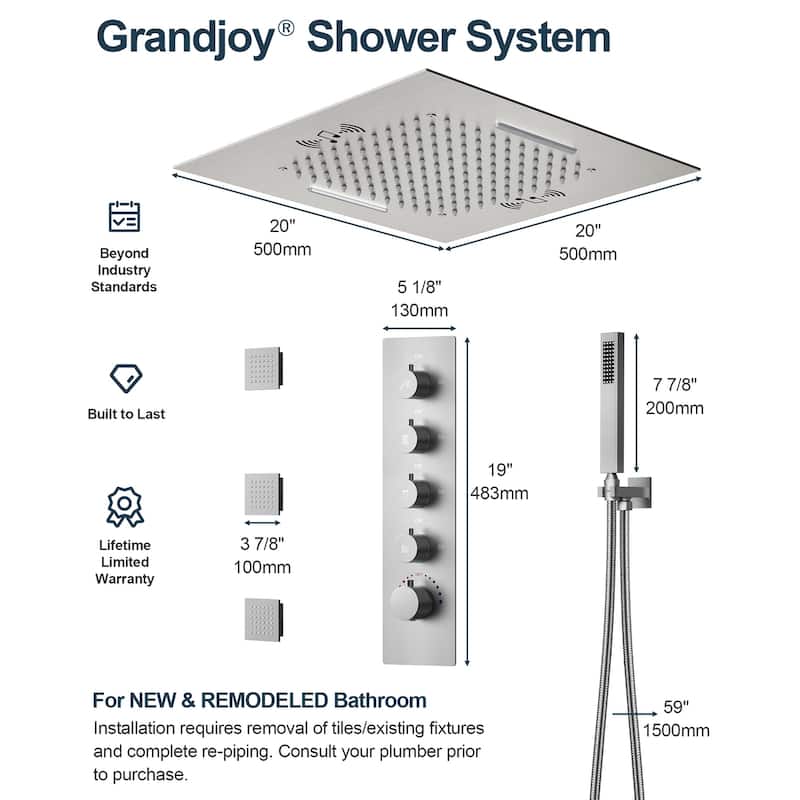 GRANDJOY LED Music Shower System 20" Shower Head with 3 Body Jets