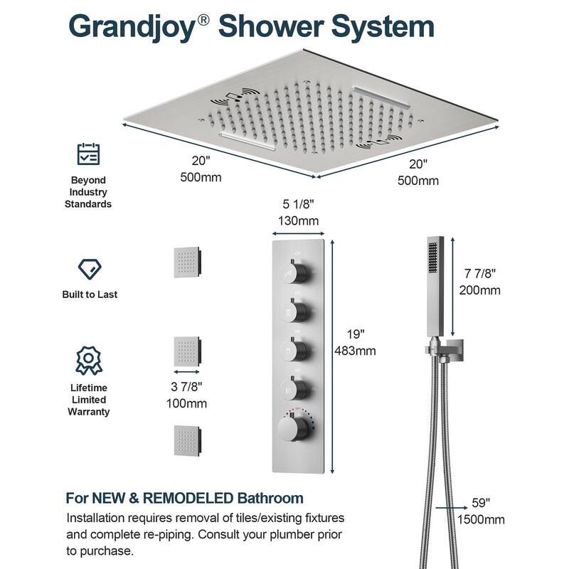 GRANDJOY Thermostatic Shower System 20" Ceiling Mount Shower Head Handheld Spray and Body Jets Combo LED Music