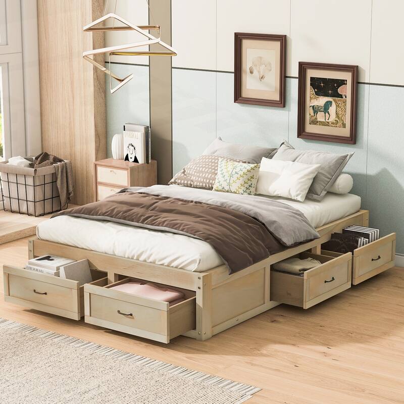 Sophisticated Platform Bed with Abundant Storage and Stylish Design - Antique Natural