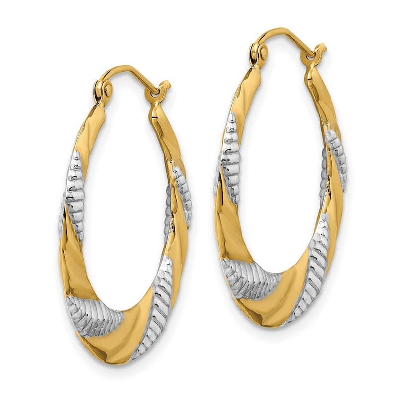 Curata 14k Yellow Gold and Rhodium Textured Stamped Hoop Earrings 28.6x26.9mm
