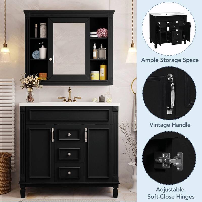 36'' Modern White Bathroom Vanity with Top Sink, Mirror Cabinet