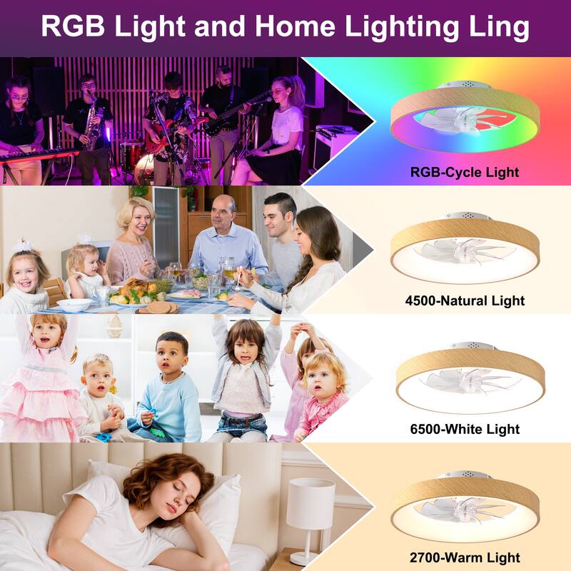 Cusp Barn 20" Modern RGB Ceiling Fans with Light, Low Profile Flush Mount Smart Ceiling Fan with Alexa/Tuya APP/Voice Control