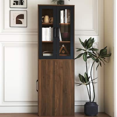 70.87" H Display Storage Cabinet , 4 Tier multi-functional pull-out multi-tier storage shelf & 2 Glass Doors